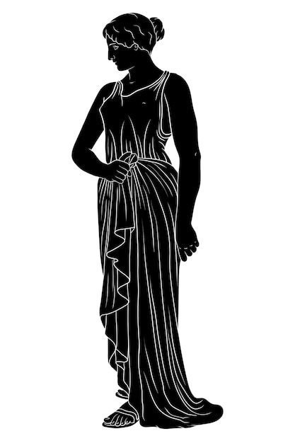 An ancient Greek young woman in a tunic stands and looking away.