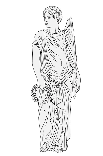 An ancient Greek youth in a tunic stands and holds a laurel wreath and a palm branch in his hands