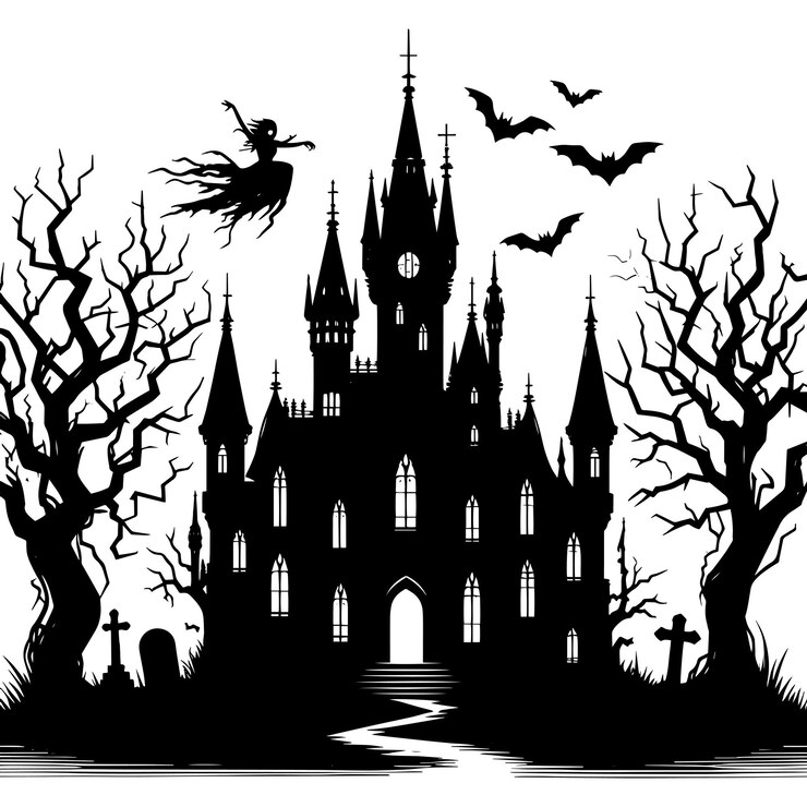 Vector ancient haunted castle silhouette vector illustration isolated on a white background
