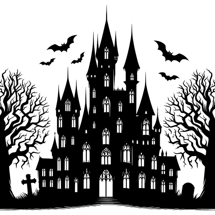 Vector ancient haunted castle silhouette vector illustration isolated on a white background