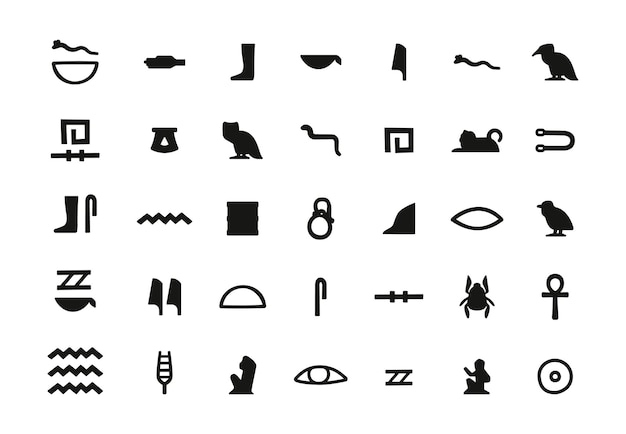 Ancient hieroglyphic symbols Egyptian hieroglyph signs old manuscript symbolic inscription decorative lettering Egypt history concept Vector set