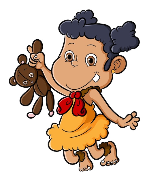 The ancient human girl holding the bear doll