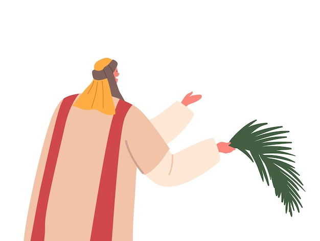 평화와 승리의 종려나무 잎을 들고 있는 고대 이스라엘 남자 캐릭터는 예루살렘으로의 예수 입국을 축하합니다