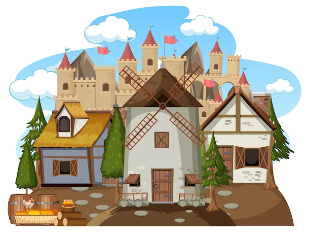 Вектор Древняя средневековая деревня, изолированные на белом фоне