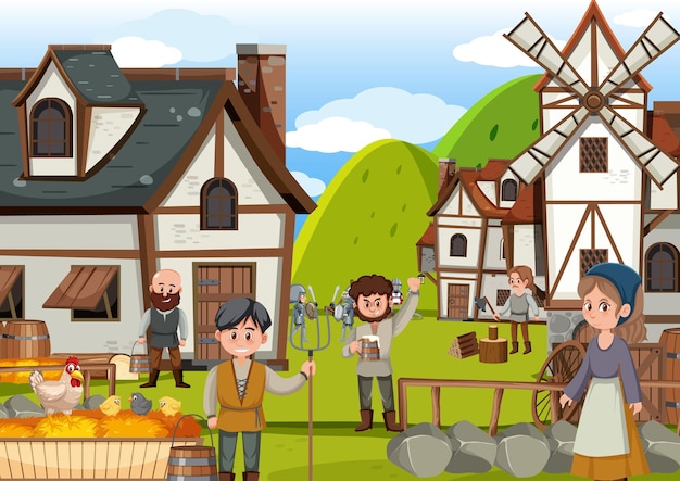 Vector ancient medieval village scene with villagers