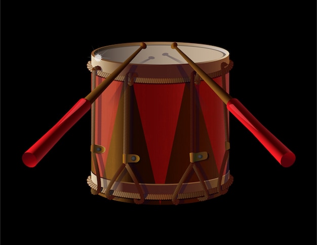 Antico tamburo antico con bacchette per batterista, strumento musicale.