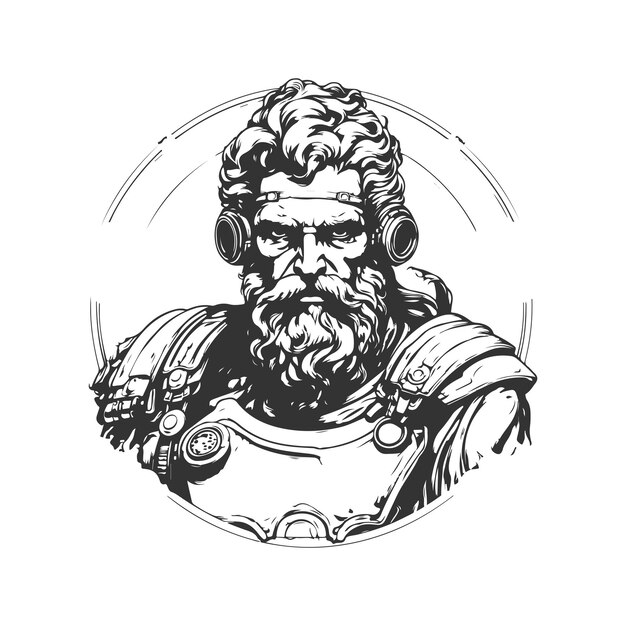 古代オリンピックの英雄 スチームパンク ヴィンテージのロゴライン アートコンセプト 黒と白の色 手描きのイラスト