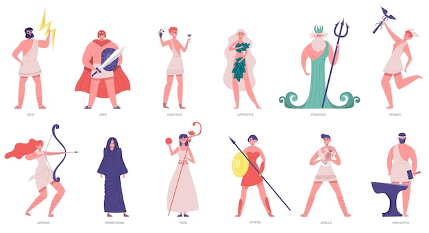 Ancient olympic gods. greek gods and goddesses, zeus, poseidon, athena, dionysus and ares