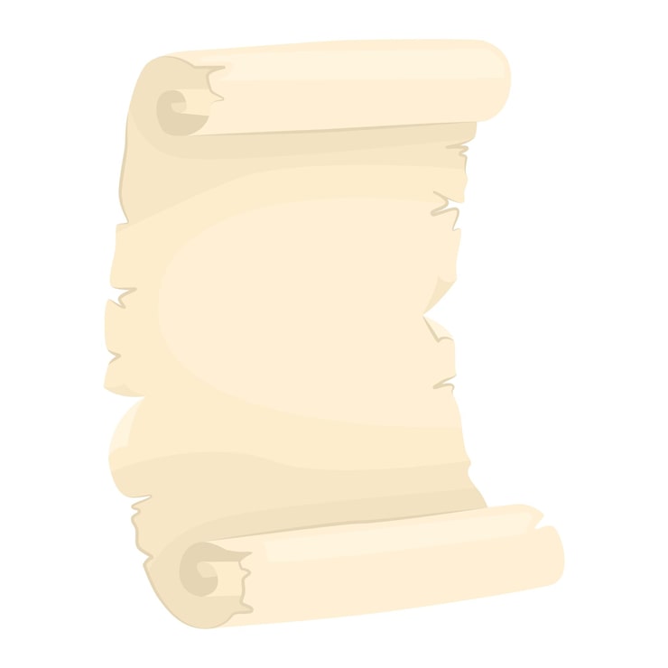 Vector 텍스트를 위한 빈 공간을 가진 고대 종이 두루마리 수직 배너 형식 마법 파피루스 두루마리가 펼쳐진 페이지 게임 디자인의 요소 투명한 배경에 고립된 터 일러스트레이션