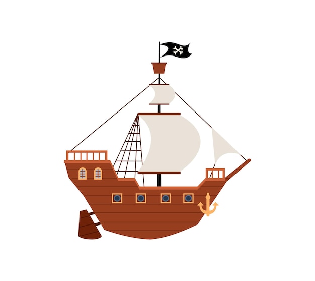 Vector ancient pirate or filibusters ship flat cartoon vector illustration isolated