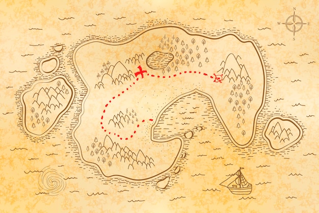 Vector ancient pirate map on old paper with red path to treasure