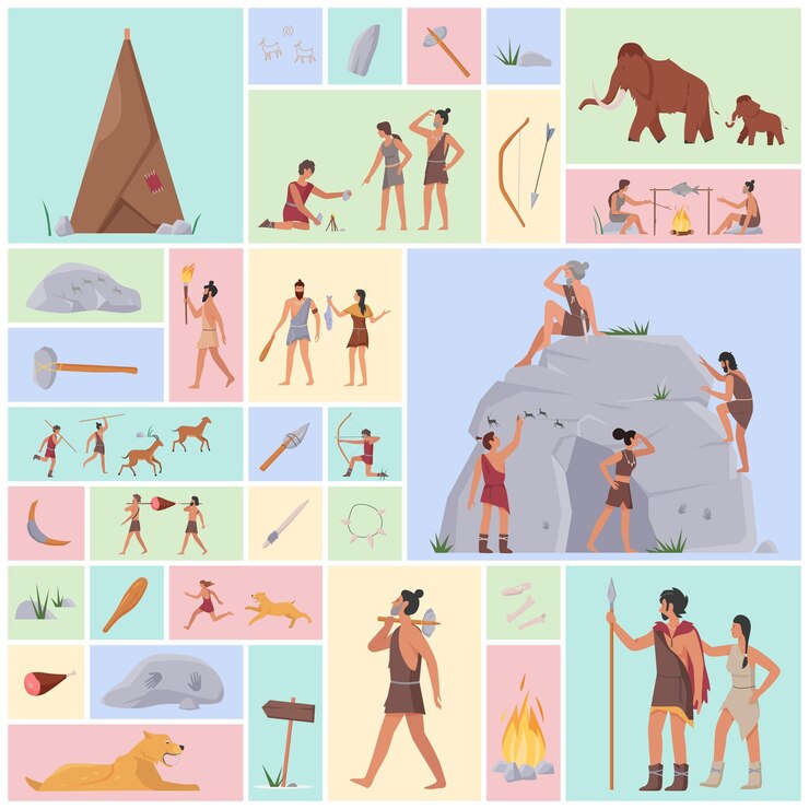 Vector ancient prehistoric people animals and tools set hunting homo sapiens in tribal clothes