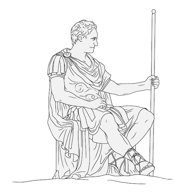 An ancient Roman legionary general in armor with a staff in his hand sits on a throne