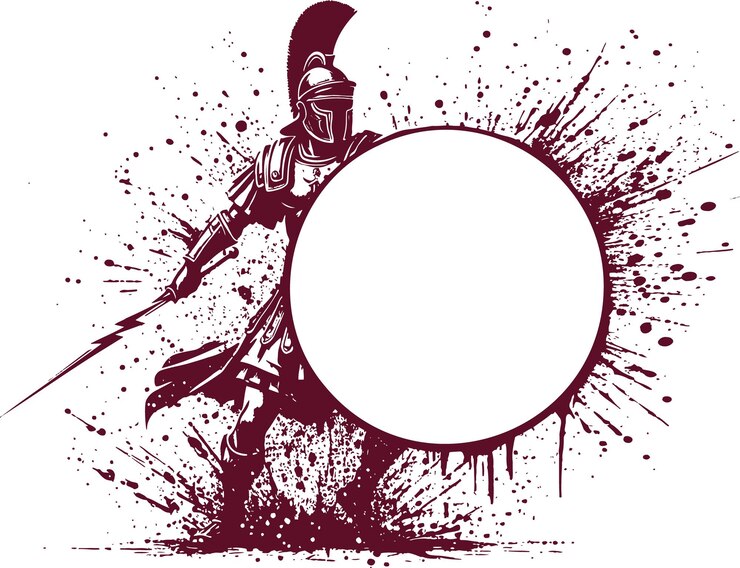 Ancient Roman soldier with sword shield frame attacks in combat pose against ink stain background