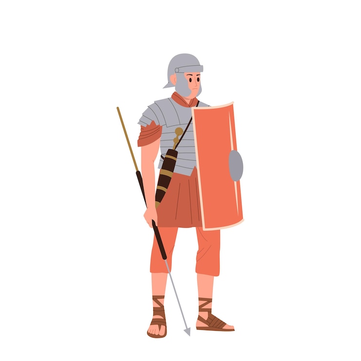 Vector ancient roman warrior cartoon character holding shield and spear wearing helmet armor and sandals