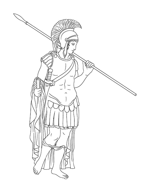 白い背景に槍とパピルスを手にした古代ローマの戦士
