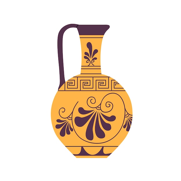 Ancient Roman wine jug with handle. Antique pottery of Old Rome. Vintage crockery with ornament. Jar with narrow neck. Flat vector illustration isolated on white background