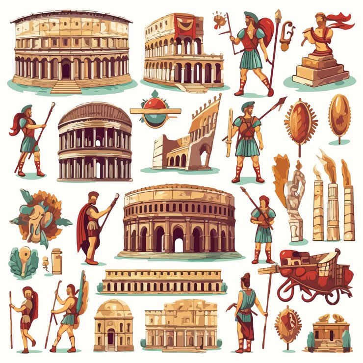 Vector 古代ローマ帝国のシンボルと文字 ベクトルイラストセット