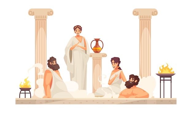 Vector ancient rome people wearing white tunics sitting in thermal bath cartoon