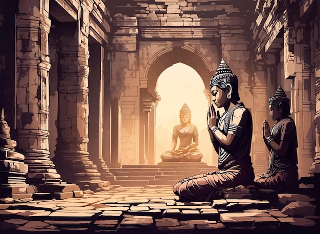 Ancient ruins of angkor majestic spirituality praying illustration