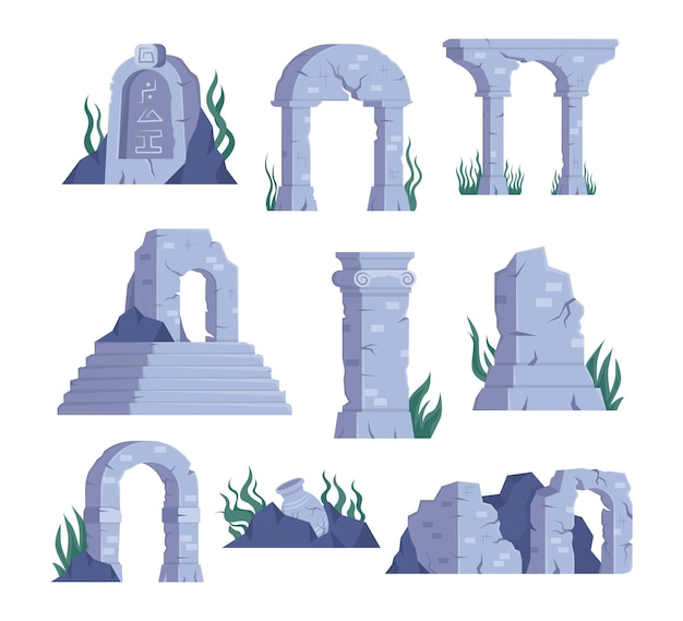 Ancient ruins of Atlantis vector illustrations set