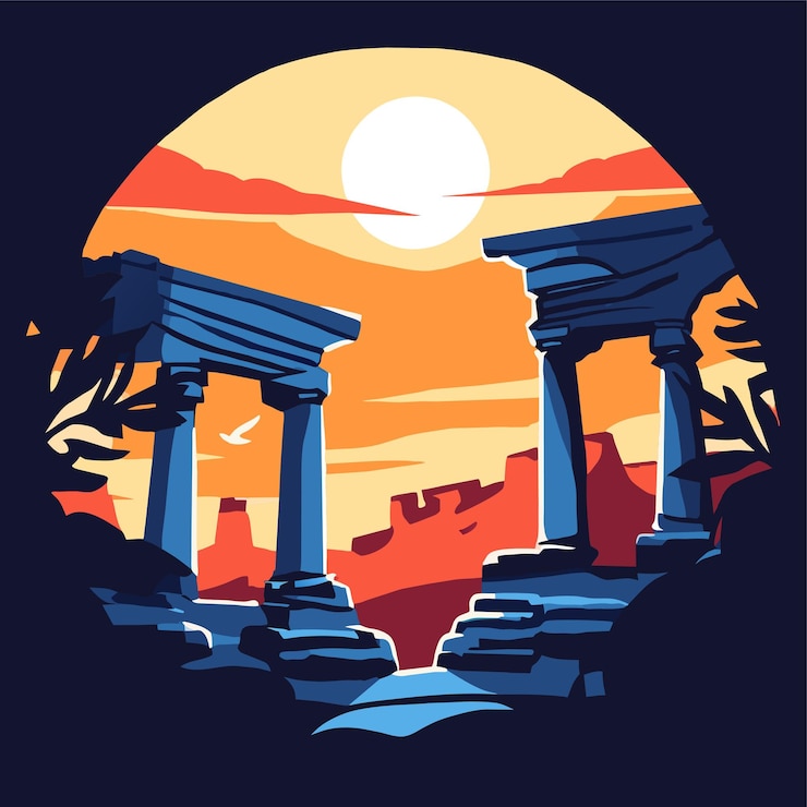 Vector ancient ruins ignite spirituality at sunset dusk vector illustration