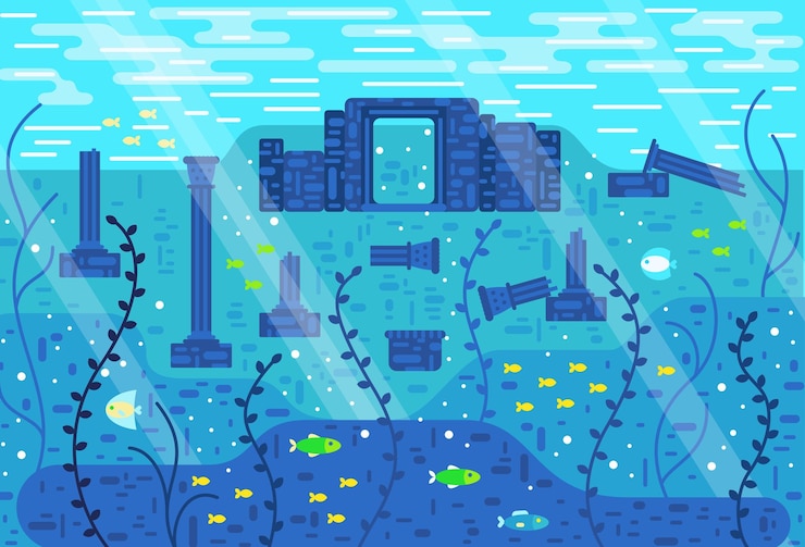 Vector ancient ruins underwater among seaweed and fish