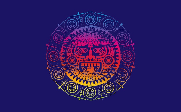 Vector ancient sacred mayan sun god, aztec wheel calendar, maya symbols ethnic mask psychedelic round sign