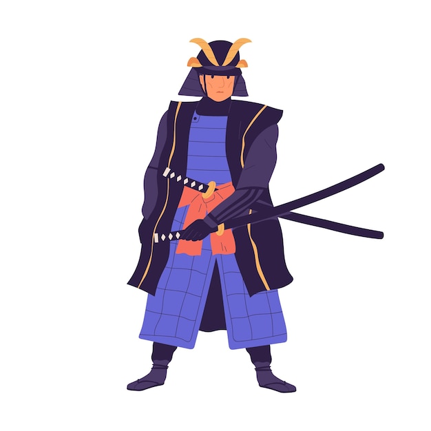 Vector ancient samurai taking his sword. armored japanese warrior standing in traditional clothes and helmet. medieval oriental soldier. colored flat vector illustration isolated on white background.