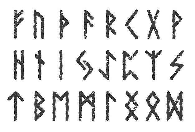 Le antiche rune dell'alfabeto scandinavo impostano il colore bianco isolato su sfondo nero simboli di script vettoriali