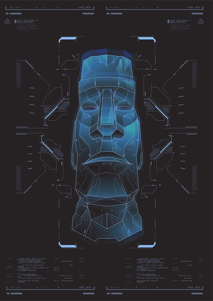Vector an ancient statue in a futuristic style with hud elements modern flyer for print hacking cyberpunk