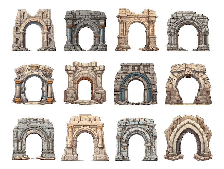 Vector ancient stone portals isolated old antique rock cartoon gates on white background