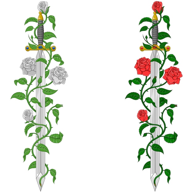 Vector ancient sword surrounded by rose plant