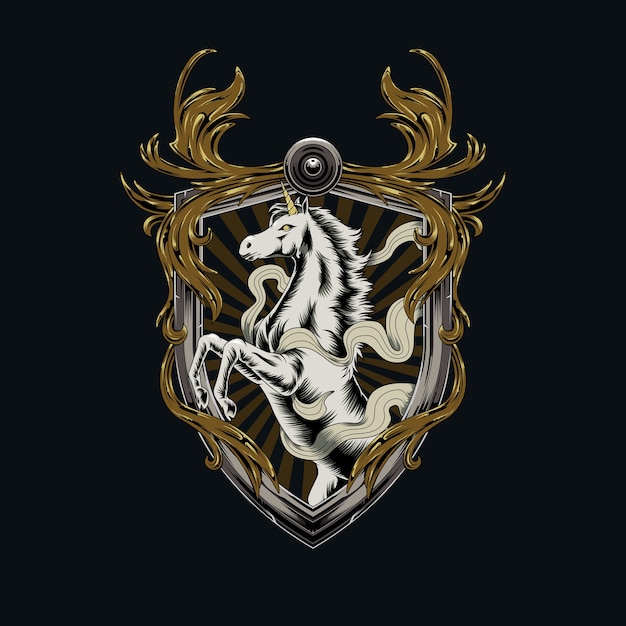Antico simbolo di unicorno, scudo araldico decorativo