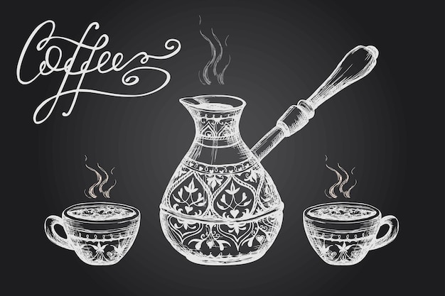 Ancient turk and coffee mugs on black background Coffee text