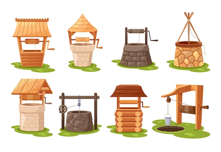 Vector ancient water wells vertical holes dug into the ground to access underground water sources they provide essential water supply for drinking and irrigation worldwide cartoon vector illustration