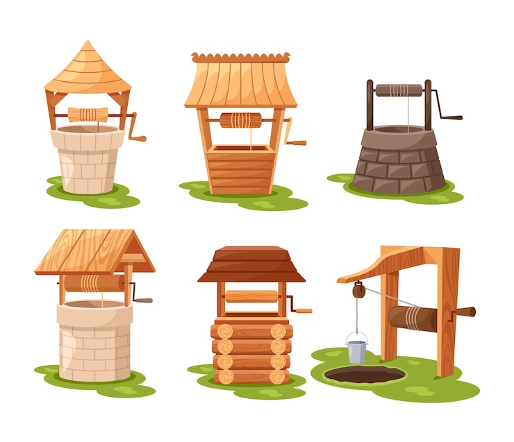 Vector ancient water wells vertical holes dug into the ground to access underground water sources they provide essential water supply for drinking and irrigation worldwide cartoon vector illustration