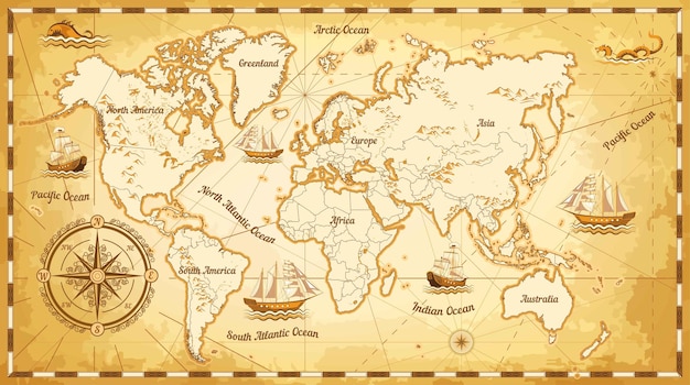 Vector ancient world map ships and continents compass marine navigation