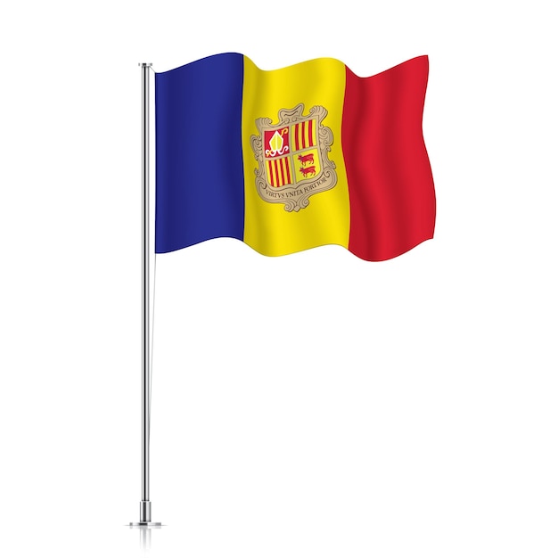 Andora vlag zwaaien op een metalen paal. De officiële vlag van Andora, geïsoleerd op een witte achtergrond.