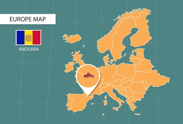 Vettore mappa di andorra in europa icone della versione zoom che mostrano la posizione e le bandiere di andorra