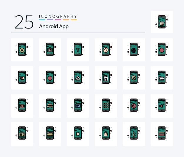 Android App 25 Line Filled icon pack inclusief globe app telefoon herstart mobiel