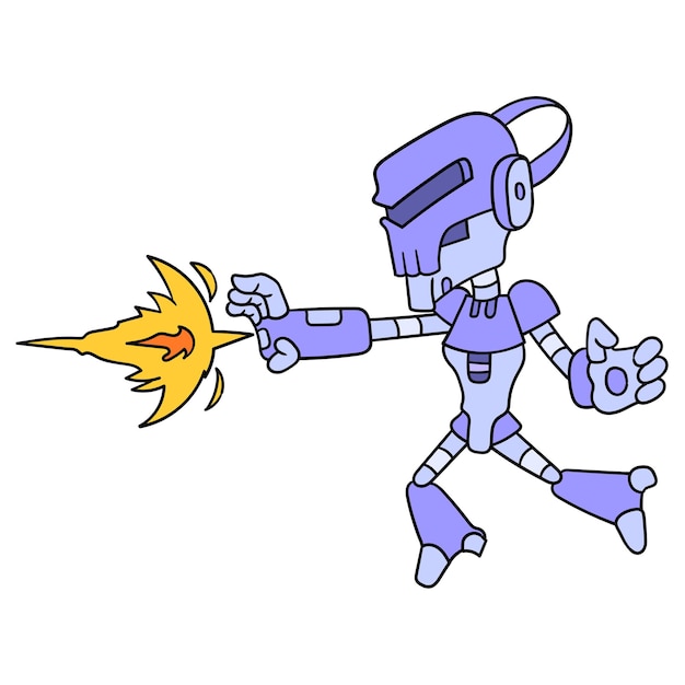 Vettore attacco di robot umano android che emette un calcio a palla di fuoco, illustrazione vettoriale scarabocchiare icona immagine kawaii.