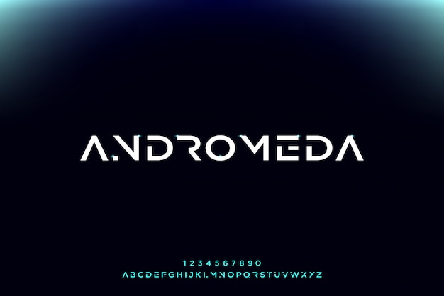 Andromeda, un carattere alfabeto futuristico astratto con tema tecnologico. moderno design tipografico minimalista