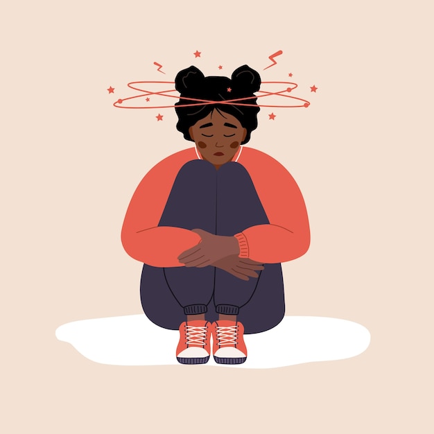 Vector anemia concept sad african woman with dizziness sitting on floor unhappy girl suffers from vertigo and headache and needs medical help disease symptom vector illustration in flat cartoon style