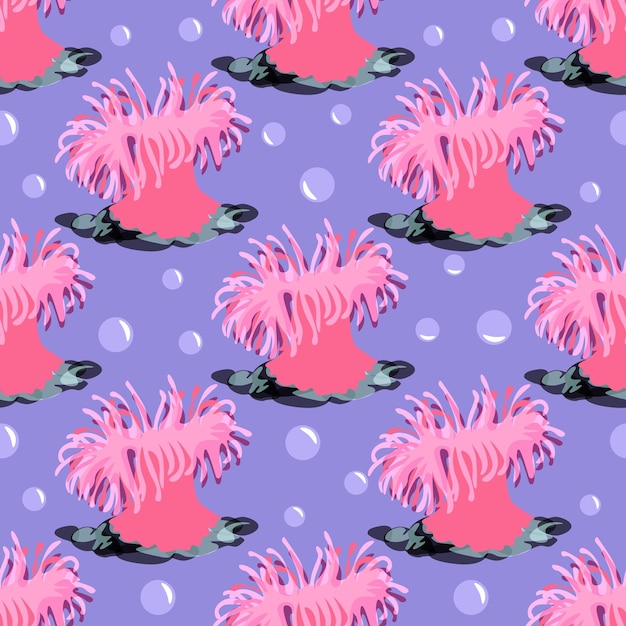 Anemone decorative sea pattern for fabric, paper, backgrounds. pink anemone and bubbles undersea