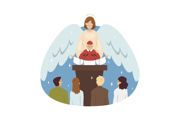 Vector angel biblical religious character blessing old man priest preacher reading sermon to people parish flock in church. .