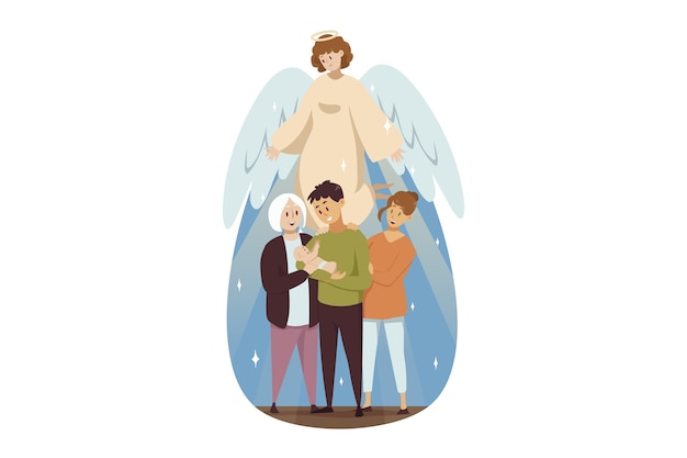 Ангел библейский религиозный персонаж наблюдает за семьей
