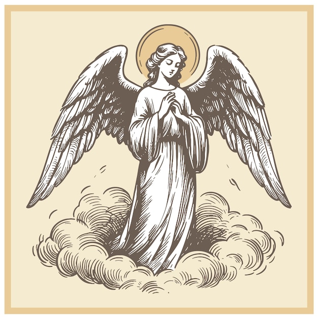 Angel on a cloud vector drawing in engraving style on a light background