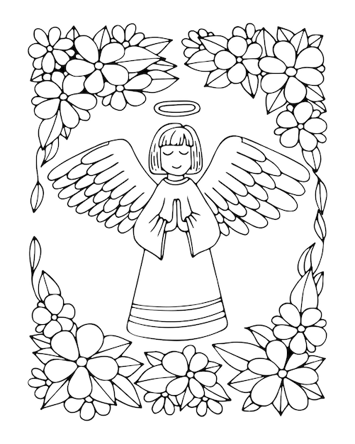 Angel coloring page prayer for peace in heavenly heaven holy\
guardian angel hand drawn vector line drawing coloring book for\
children and adults black and white sketch