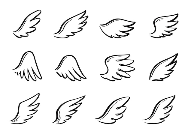 Vector angel doodle wing set. hand drawn sketch style wing. bird feather, angel concept vector illustration. pencil line drawing.